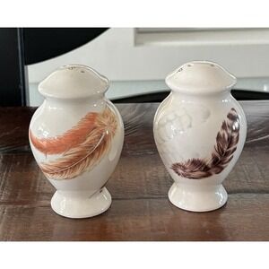 PIER 1 IMPORTS FEATHER IRONSTONE SALT AND PEPPER SHAKERS RARE
